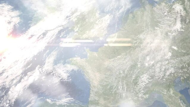 Earth zoom in from outer space to city. Zooming on Caen, France. The animation continues by zoom out through clouds and atmosphere into space. Images from NASA