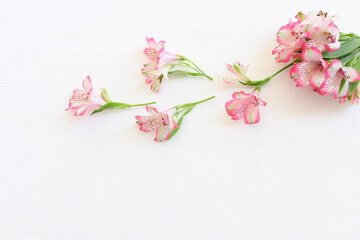 Fototapeta na wymiar Top view image of pink and purple flowers composition over wooden white background .Flat lay