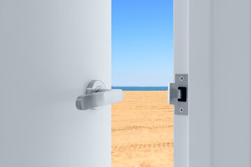 open door seaside sandy beach blur background