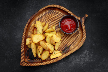 Fried potato wedges with ketchup on a wooden board