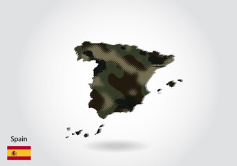 Spain map with camouflage pattern, Forest - green texture in map. Military concept for army, soldier and war. coat of arms, flag.