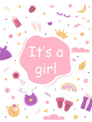 Greeting card with the birth of a girl. Arrival of the child and birth. Baby girl birthday party invitation. Illustration for postcard, banner and poster.