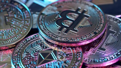 Digital Currency, Cryptocurrency, background, Shiny silver and golden physical cryptocurrencies Bitcoin symbol . - Powered by Adobe