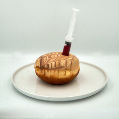 Donut on a plate with sauce syringe on white isolated background.