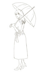 傘をさす女性の線画