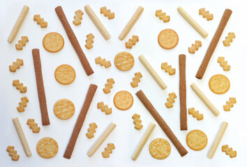 Dessert  collection of  cookies. Crispy sticks, crackers. tubes with stuffing ,cookies isolated  on white background. Top view,flat lay.
