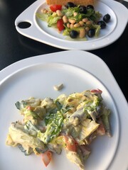 Vegetarian salads with vegetables, asparagus and mushrooms