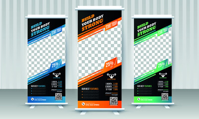Fitness gym business standee rollup banner design vector template