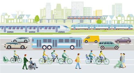 Öffentlicher Verkehr mit Schnellbahn, Straßenbahn und Metro, Bus, Illustration - obrazy, fototapety, plakaty