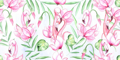 Seamless watercolor pattern with plant and animal elements. Pink flamingo and cyclamen flowers on a light background.
