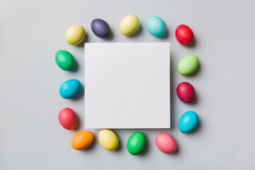 round frame multicolored Easter eggs with white blank paper on a brown background, close-up, space for text, blank for design, selective focus, tinted image