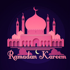 Ramadan Kareem background with mosque silhouette. Islamic holiday design.