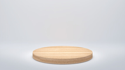 wooden circle stand on a white background,mock up podium for product presentation,3D rendering