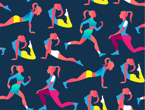 Woman Fitness Seamless Pattern. Workout girl. Fit Equipment. Sports and Health Care Flyer Template in Trendy Colors. Gym Design.