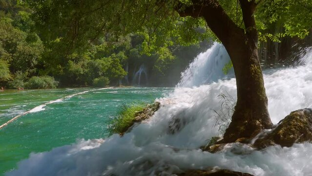 Skradinski buk the most unusual waterfall in Krka National Park. Filmed in 4K video.