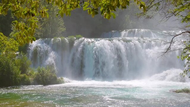 Skradinski buk the most unusual waterfall in Krka National Park. Filmed in 4K video.
