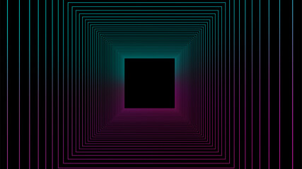 Technology wireframe square tunnel on dark background. Futuristic 3D wormhole grid. Digital dynamic wave. Vector illustration.