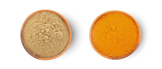 Tea powder and turmeric powder isolated on white background.