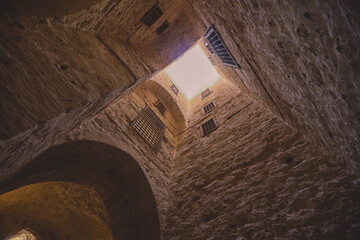 Interior View to the 15th-century defensive fortress Citadel of Qaitbay with no people around,...