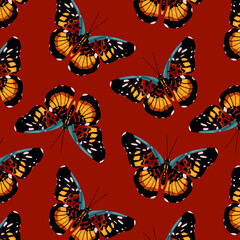 Butterfly pattern, bright butterflies on a red background, printable pattern. Decorative.