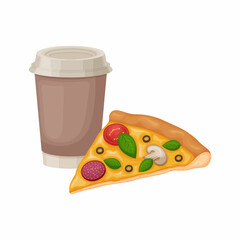 Pizza. Pizza with a glass of coffee. A cut slice of pizza and a hot drink. Fast food. Vector illustration isolated on a white background