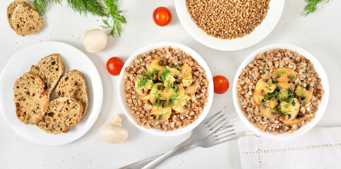 Buckwheat porridge with roasted mushrooms in white bowl