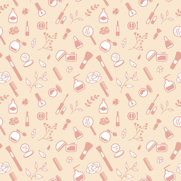 Seamless texture from cosmetics icons and floral elements, pattern, abstract background, wallpaper