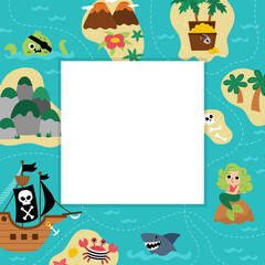 Pirate party greeting card template with cute marine landscape plan or map. Square poster with treasure island scene or invitation for kids. Bright sea holiday illustration with place for text.