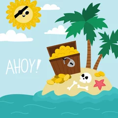 Vector treasure island landscape illustration. Pirate party scene with uninhabited isle, treasure chest, palm trees. Cute summer square background. Marine picture for kids with ahoy sign.