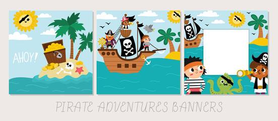 Vector treasure island landscape cards set. Pirate party scenes collection with uninhabited isle, treasure chest, palm trees. Cute summer landscape square backgrounds. Marine picture for kids.