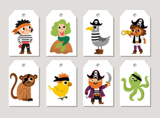 Cute pirate price tags cards set with ship, captain, sailors, chest, map, parrot, octopus, seagull. Vector treasure island print templates. Marine design for tags, ads, social media, pirate party.