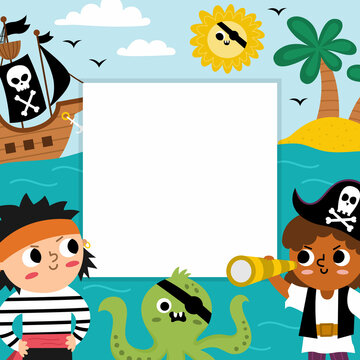 Pirate party greeting card template with cute captain, marine landscape and palm trees. Treasure island square poster or invitation for kids. Bright sea holiday illustration with place for text.