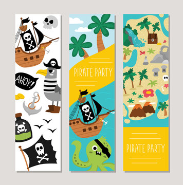 Cute pirate vertical cards set with ship, captain, chest, map, palm trees, octopus, seagull. Vector treasure island vertical print templates. Marine party bookmarks designs.