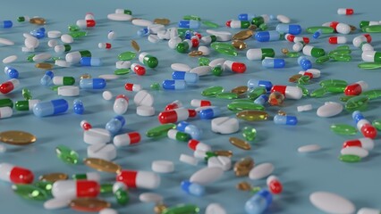 3D Rendering lots of Pills Medicine on the floor 3D Illustration Background