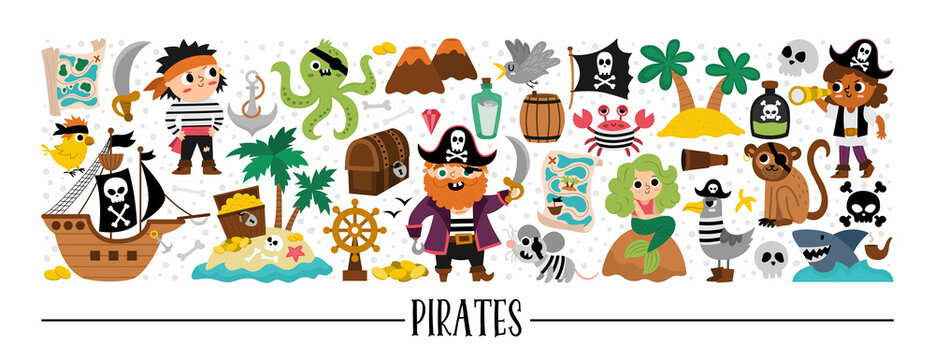 Vector pirate horizontal set with sailors and animals. Sea adventures card template or treasure island design for banners, invitations. Cute illustration with ship, octopus, mermaid, seagull.
