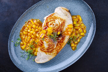 Fried swordfish steak with mango chutney and herbs served as top view on a design plate