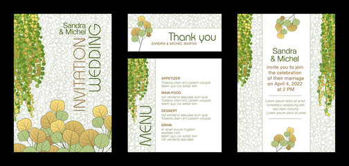 Fototapeta na wymiar Ensemble de cartes pour un mariage - invitation, faire part, remerciement et menu - décoré de plantes retombantes et de branches d’eucalyptus.