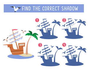 Find correct shadow. Game for children. Activity, vector illustration. Ship on island. 