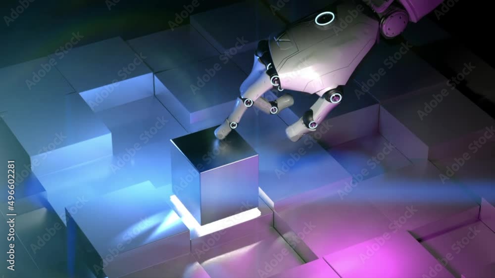 Poster automation technology concept with 3d rendering cyborg hand push power button hd footage