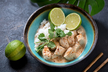Thai red curry with chicken meat and coconut milk in a turquoise bowl, studio shot on a dark-brown stone background