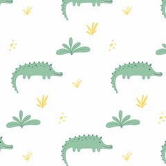 Childish seamless pattern with cute crocodile and plants. Drawn pattern with crocodile. Alligator pattern. Vector illustration. Suitable for fabrics, wrapping paper, wallpapers.