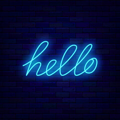 Fototapeta na wymiar Hello neon lettering. Shiny simple calligraphy. Welcome signboard. Glowing effect banner. Vector stock illustration