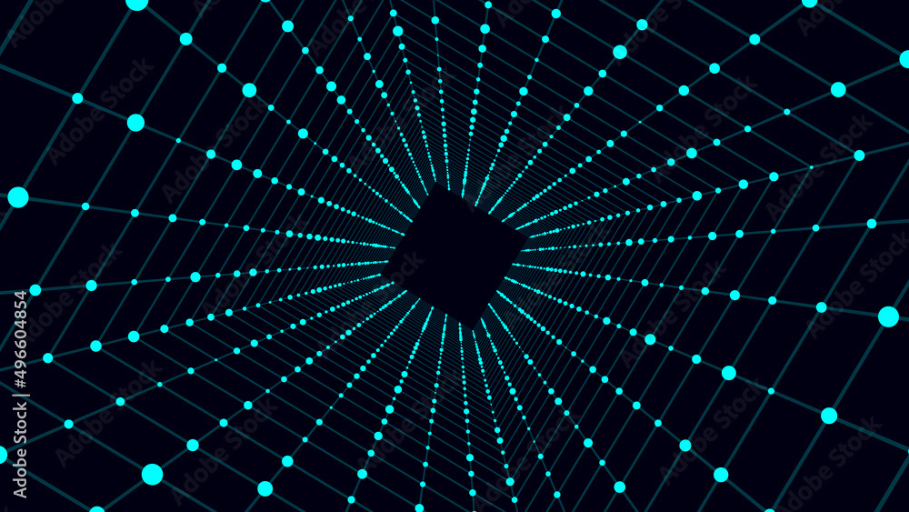 Poster cyber square tunnel consisting of moving glowing points. futuristic infinite space background. conce