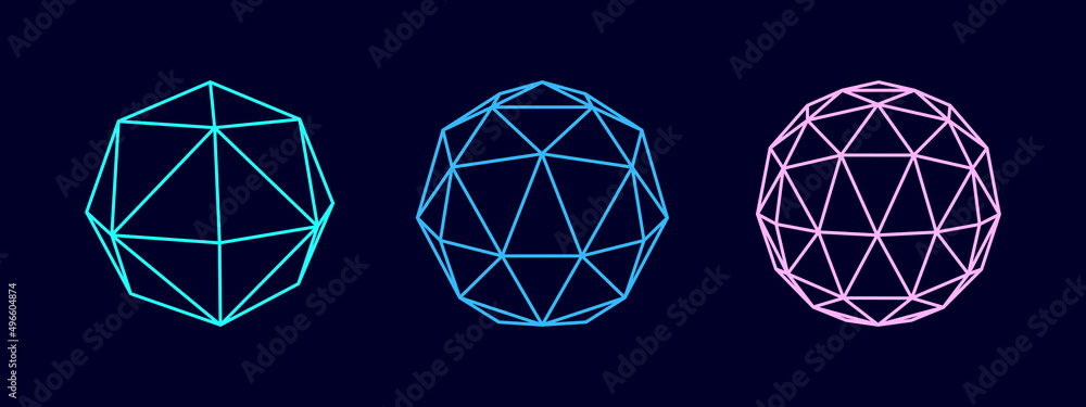 Poster set of color wireframe spheres. 3d geometric forms icosahedrom. realistic isolated model. vector iso