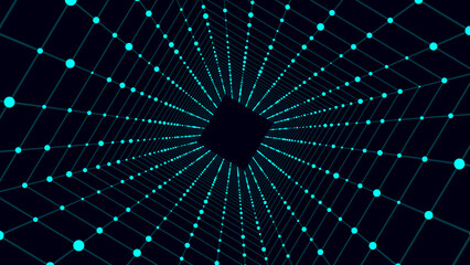 Cyber square tunnel consisting of moving glowing points. Futuristic infinite space background. Concept of data transfer in cyberspace. Hi-tech illustration. Vector illustration.