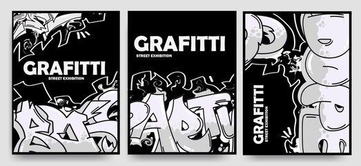 Collection of trendy vector posters with graffiti and splatter elements on isolated background