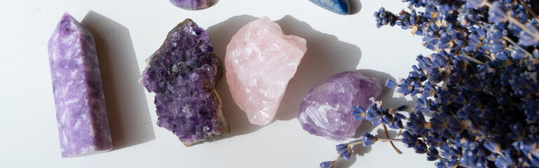 Healing crystals on brown background