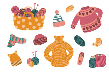 Knitting set. Craft and handmade needlework design elements. Basket with ball of yarn, tools and knitted clothes. Vector flat illustration, isolated, cartoon, clipart.