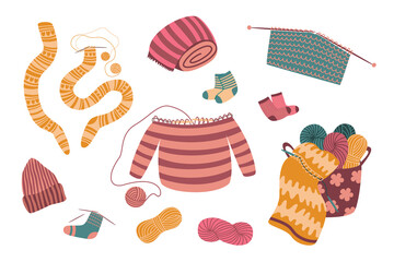 Knitting set. Craft and handmade needlework design elements. Basket with ball of yarn, tools and knitted clothes. Vector flat illustration, isolated, cartoon, clipart.