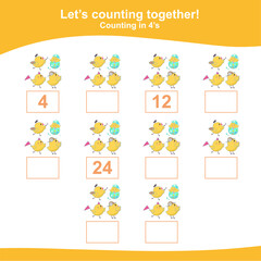 Counting the easter chicks for Preschool Children. Counting multiples of three. Educational printable math worksheet. Additional worksheet for kids. Vector illustration.